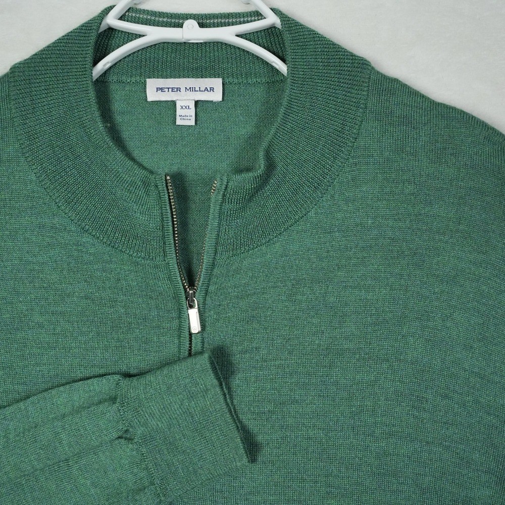 Peter Millar Mens XXL Green Merino Wool Blend Quarter Zip Golf Sweater Logo